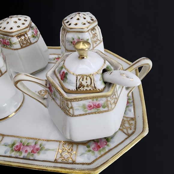 Complete Vintage Nippon Condiment Tray S&P Mustard Pot w Spoon Toothpick Holder - Picture 2 of 16